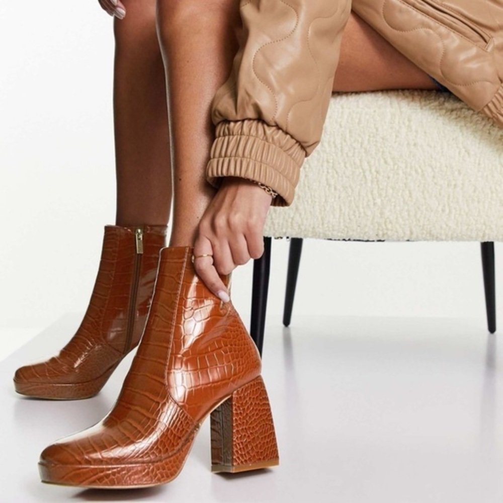 ASOS Era high heel platform boots in tan croc